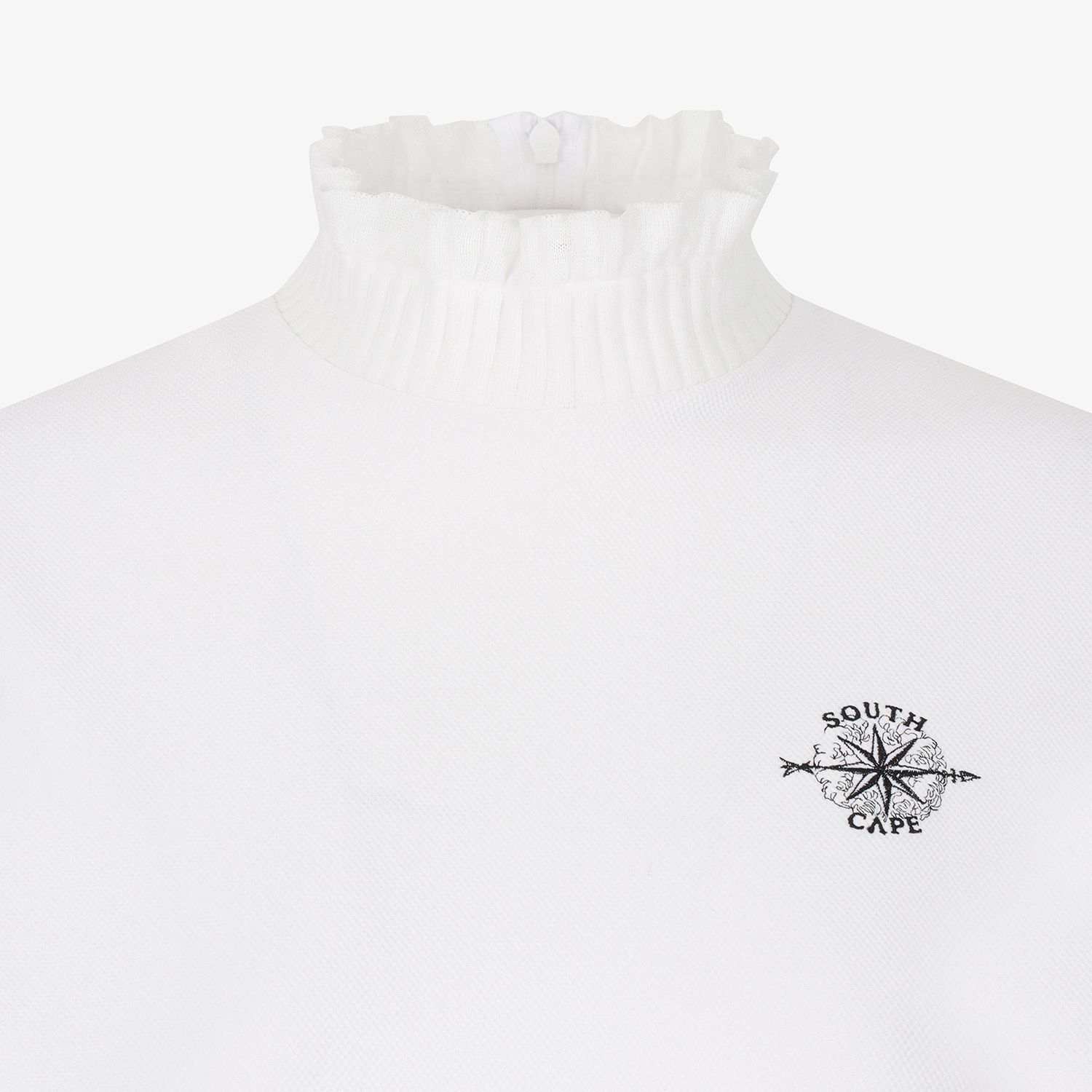 여성 사우스크로스 프릴 모크넥 백 슬릿 티셔츠_화이트