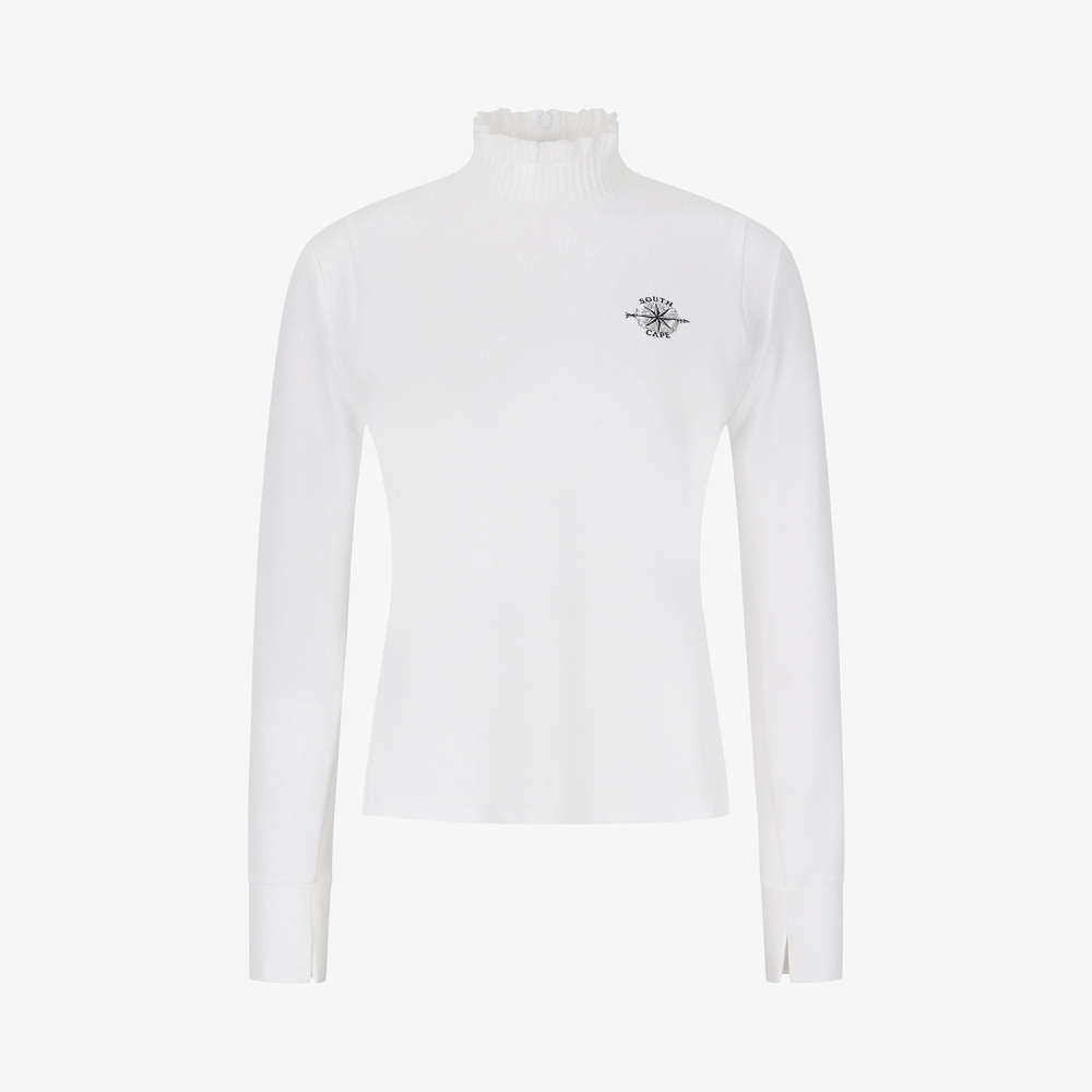 여성 사우스크로스 프릴 모크넥 백 슬릿 티셔츠_화이트