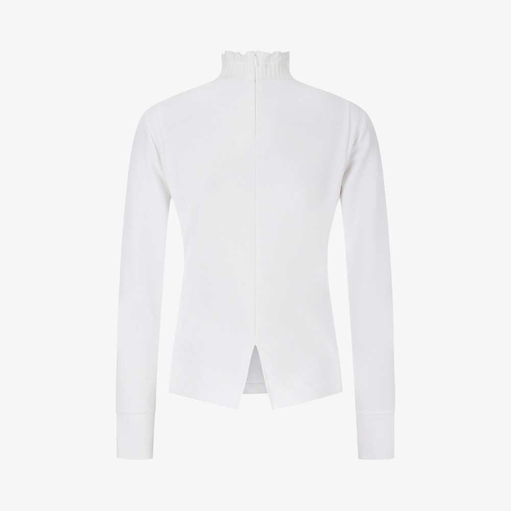 여성 사우스크로스 프릴 모크넥 백 슬릿 티셔츠_화이트