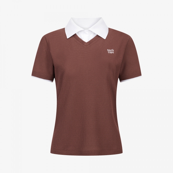 사우스케이프 여성 니트라이크 카라 반팔 티셔츠_브라운