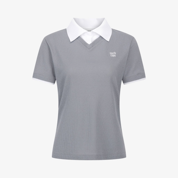 사우스케이프 여성 니트라이크 카라 반팔 티셔츠_그레이