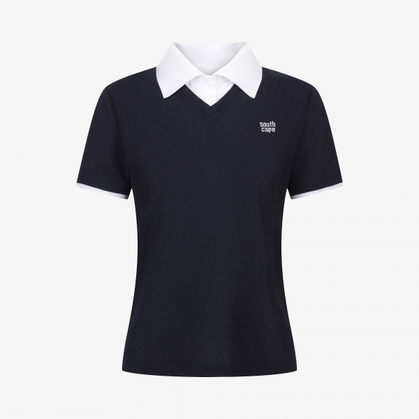 사우스케이프 여성 니트라이크 카라 반팔 티셔츠_네이비