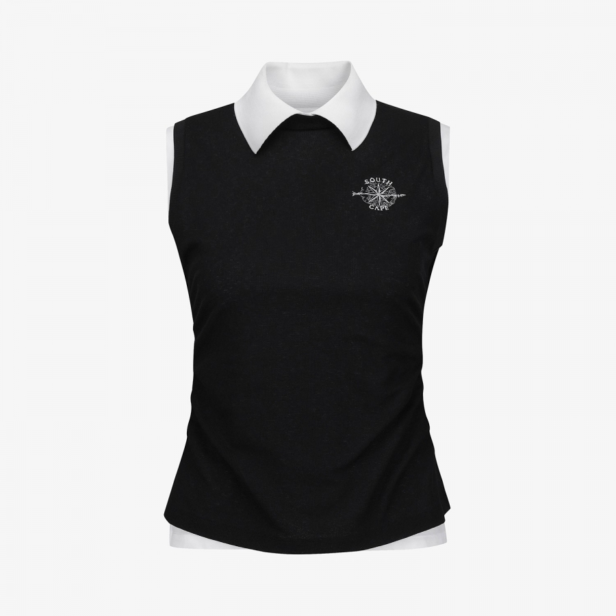 여성 사우스크로스 니트라이크 슬리브리스 카라 티셔츠_블랙