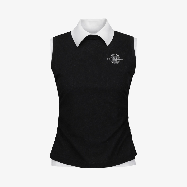 여성 사우스크로스 니트라이크 슬리브리스 카라 티셔츠_블랙