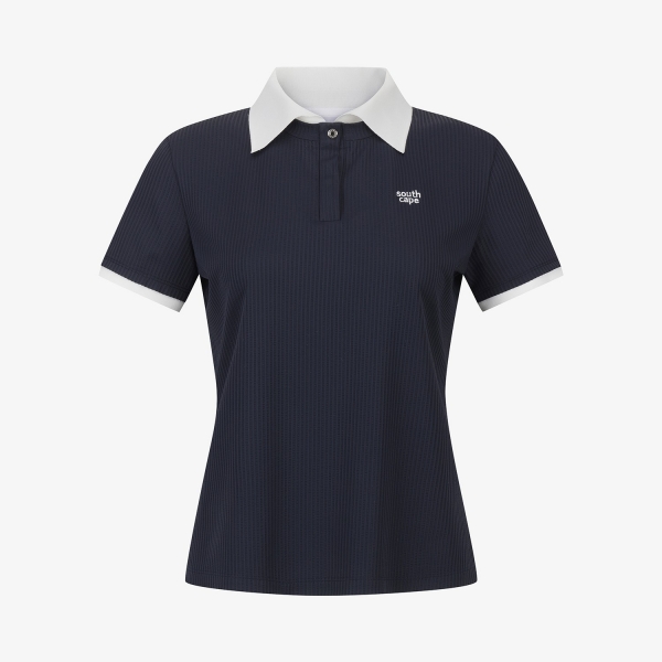 사우스케이프 여성 쿨터치 골지 배색 카라 티셔츠_다크 네이비