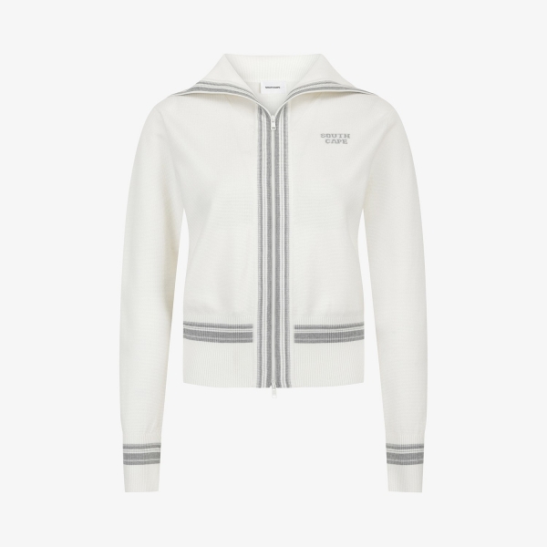 사우스케이프 여성 세일러 카라 스트라이프 니트 집업 가디건_아이보리