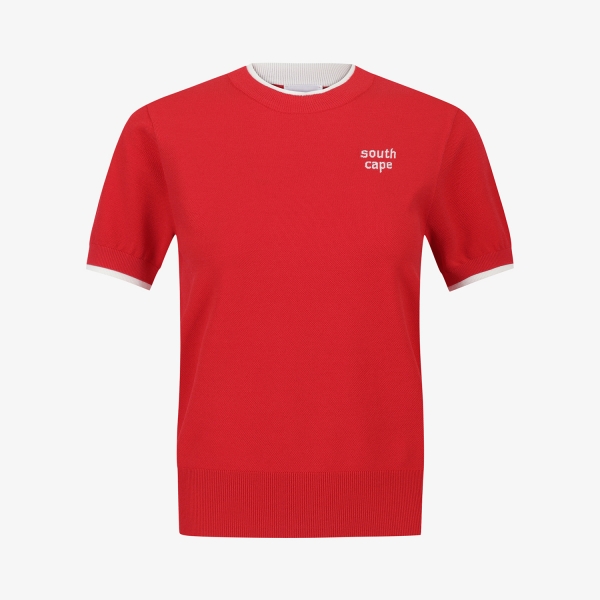 사우스케이프 여성 배색 라운드 니트_레드