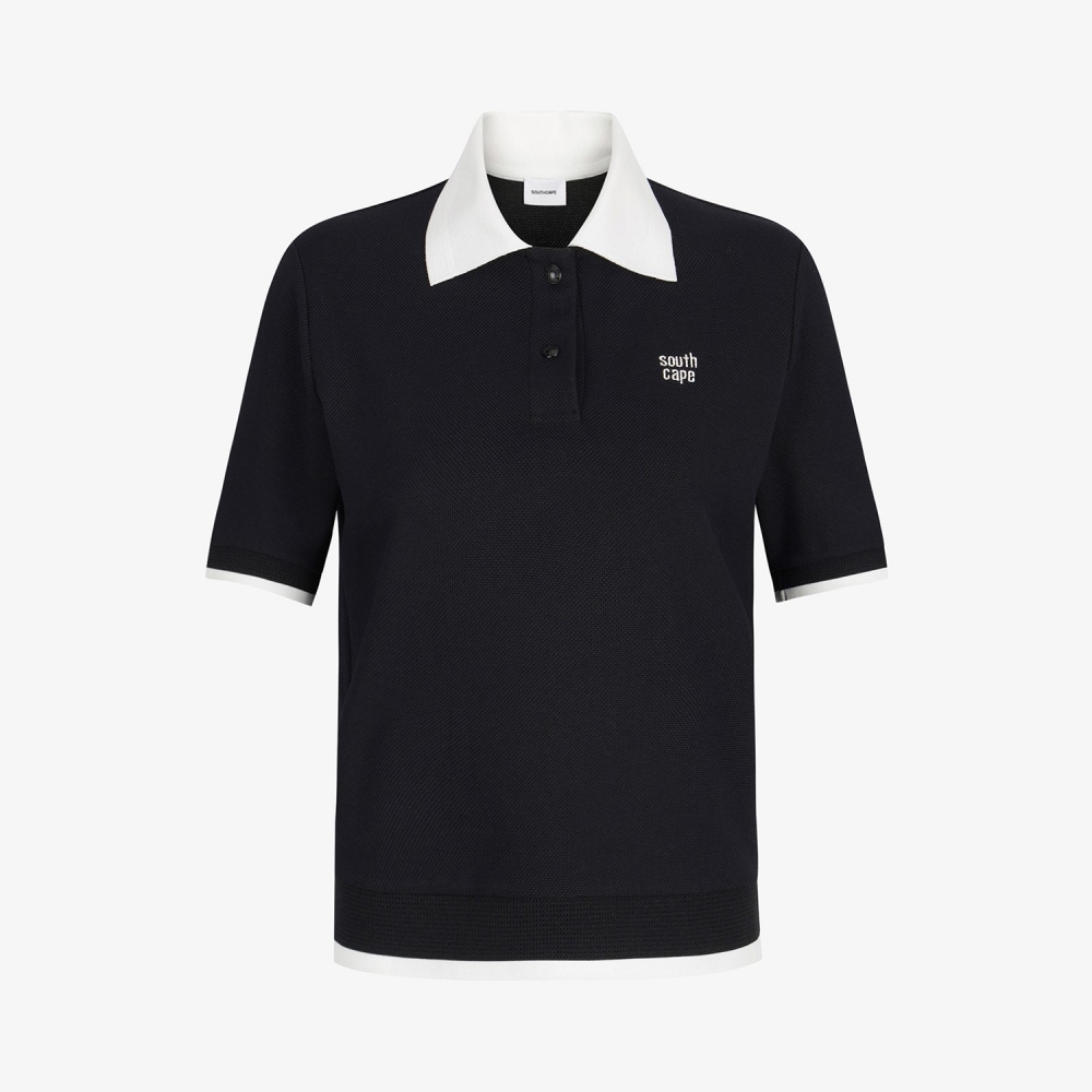 사우스케이프 여성 배색 카라 피케 티셔츠_블랙