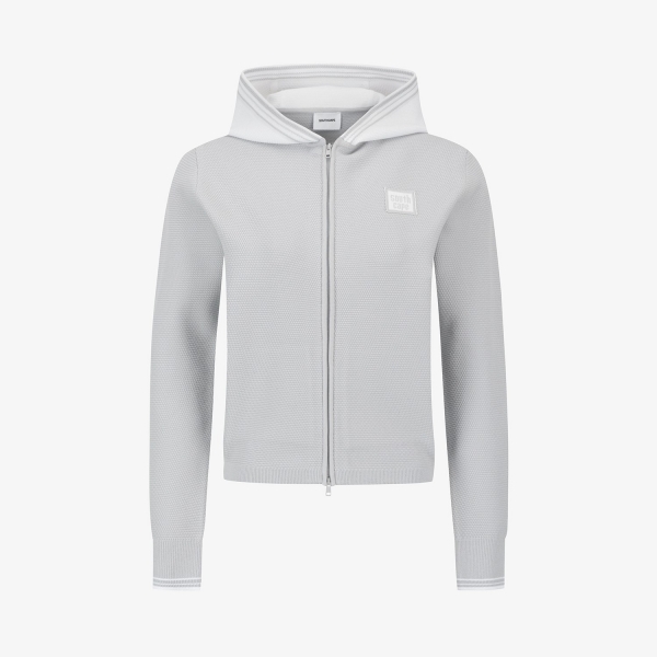 사우스케이프 여성 배색 로고 후드 니트 가디건_라이트 그레이