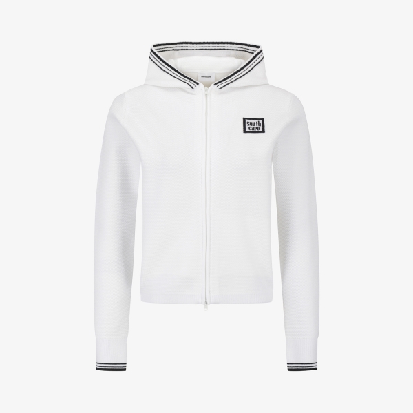 사우스케이프 여성 배색 로고 후드 니트 가디건_화이트