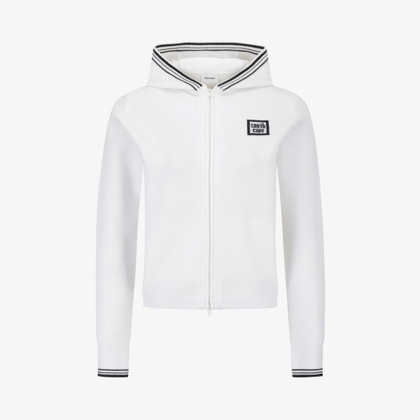 사우스케이프 여성 배색 로고 후드 니트 가디건_화이트