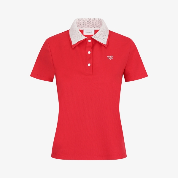 사우스케이프 여성 배색 니트 카라 폴로 티셔츠_레드