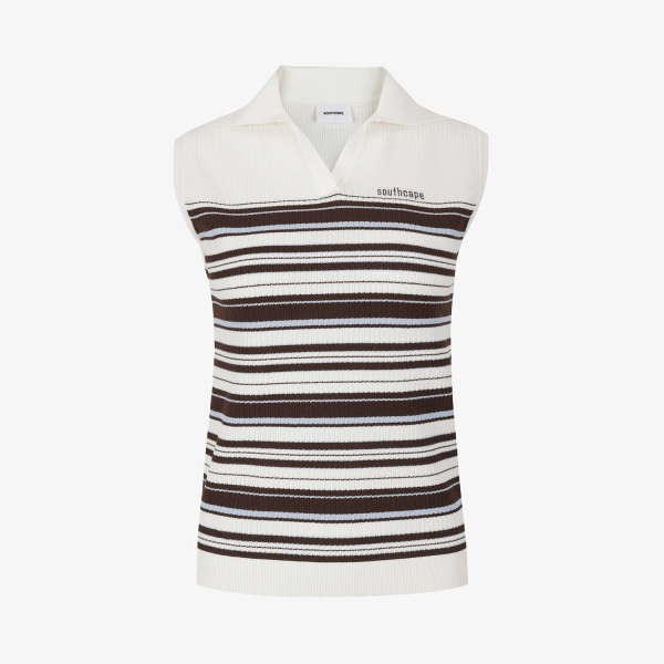 사우스케이프 여성 스트라이프 오픈카라 니트 슬리브리스_브라운