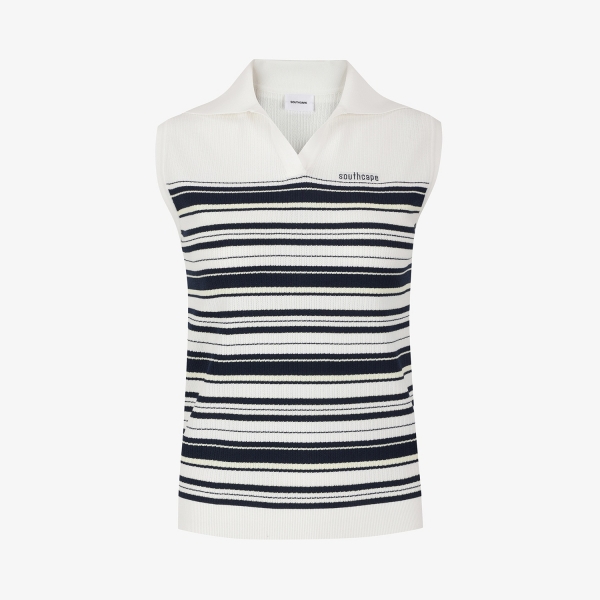 사우스케이프 여성 스트라이프 오픈카라 니트 슬리브리스_네이비