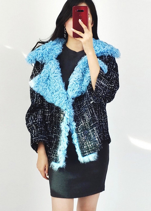 크리스탈엄 여자 민트블루 트위드 패딩 천연 양털 숏 자켓