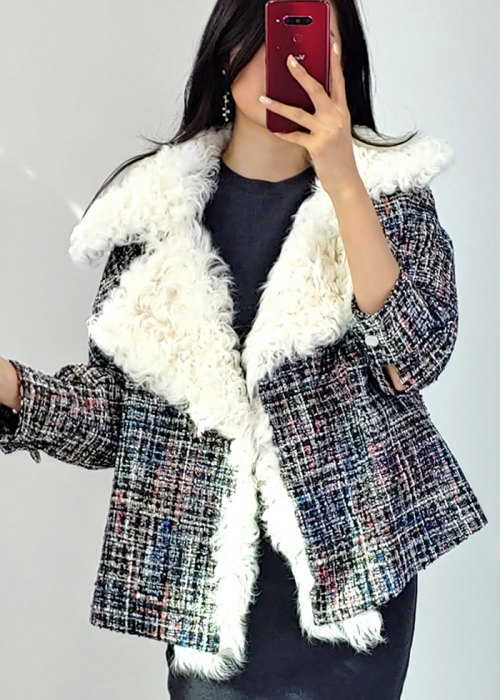 크리스탈엄 여자 화이트 트위드 패딩 천연 양털 숏 자켓