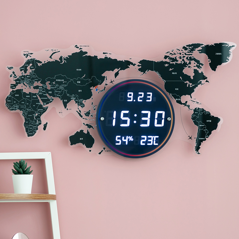 [차앤코코] [집들이선물] 세계지도 인테리어 led벽시계 70cm(컬러, 블랙)