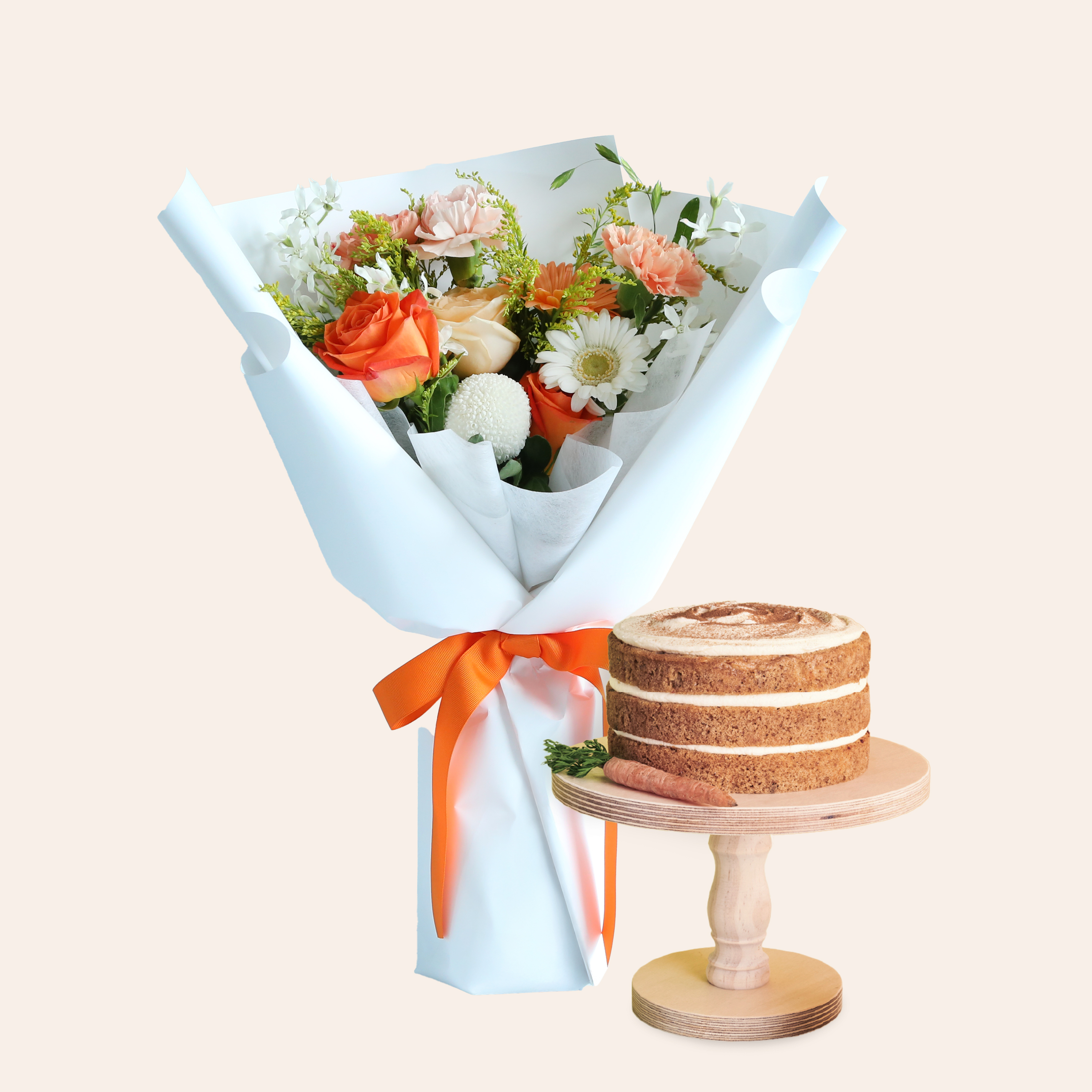 오렌지 파스텔 꽃다발과 우리쌀 당근 케이크