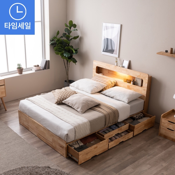 ★매트무료업★포텐 LED 4단서랍 수납 원목 침대(SS/Q/LK)