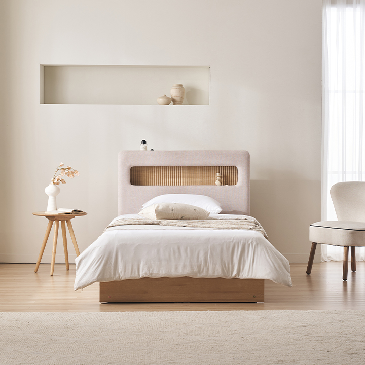 ●한정특가●라베나 패브릭 템바보드 LED조명 4단 수납 침대(SS/Q)