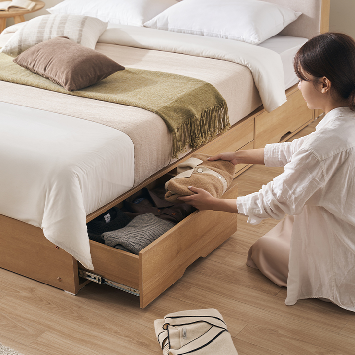 ●한정특가●라베나 패브릭 템바보드 LED조명 4단 수납 침대(SS/Q)