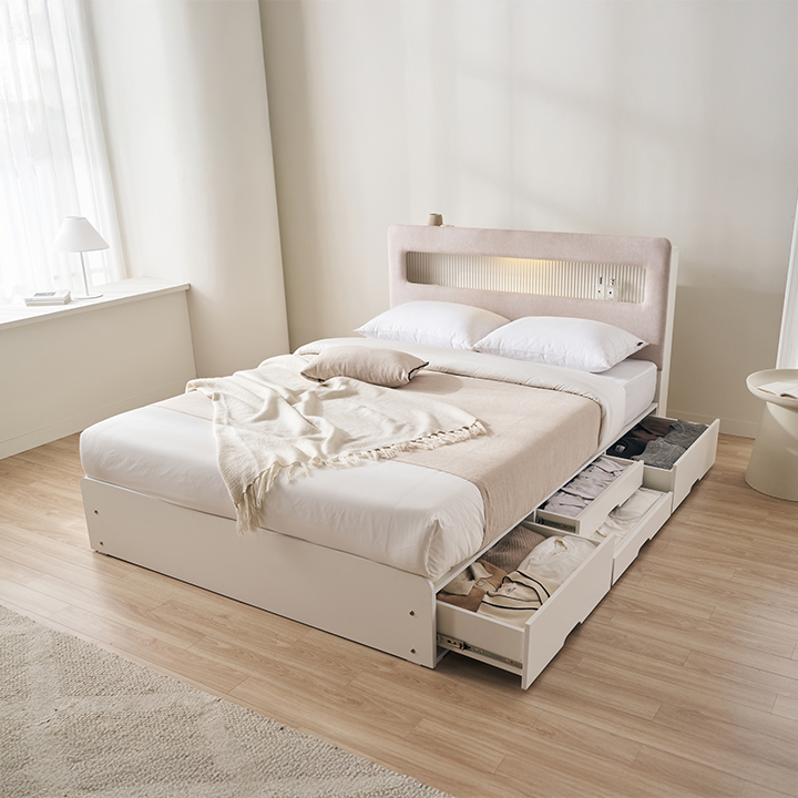 ●한정특가●라베나 패브릭 템바보드 LED조명 4단 수납 침대(SS/Q)