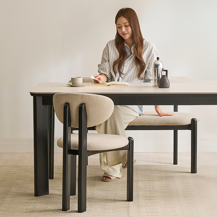 [삼익가구]디너문 포세린 통세라믹 6인용 원목 1800 식탁세트(벤치1+의자3)