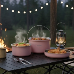 퀸센스 스텐 통3중 코펠 캠핑 차박 야외 식기 조리도구 세라믹코팅 냄비 프라이팬 3종세트