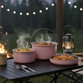 퀸센스 스텐 통3중 코펠 캠핑 차박 야외 식기 조리도구 세라믹코팅 냄비 프라이팬 3종세트