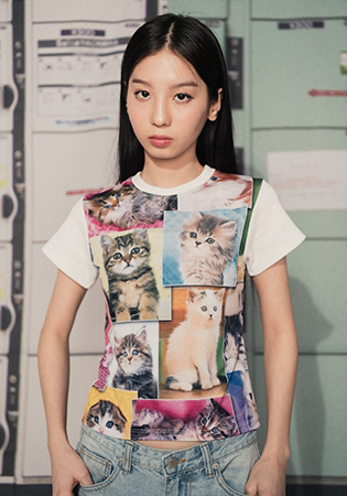 고양이 패치워크 프린트 크롭티셔츠