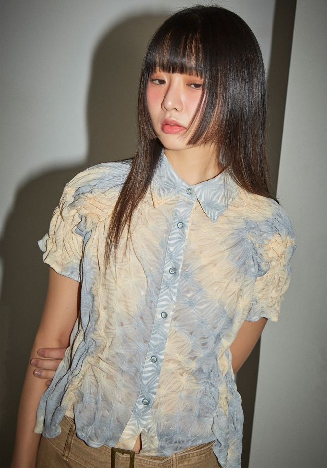 Gradation Printing Shirring Blouse