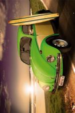 VW CALIFORNIAN green beetle with surf board