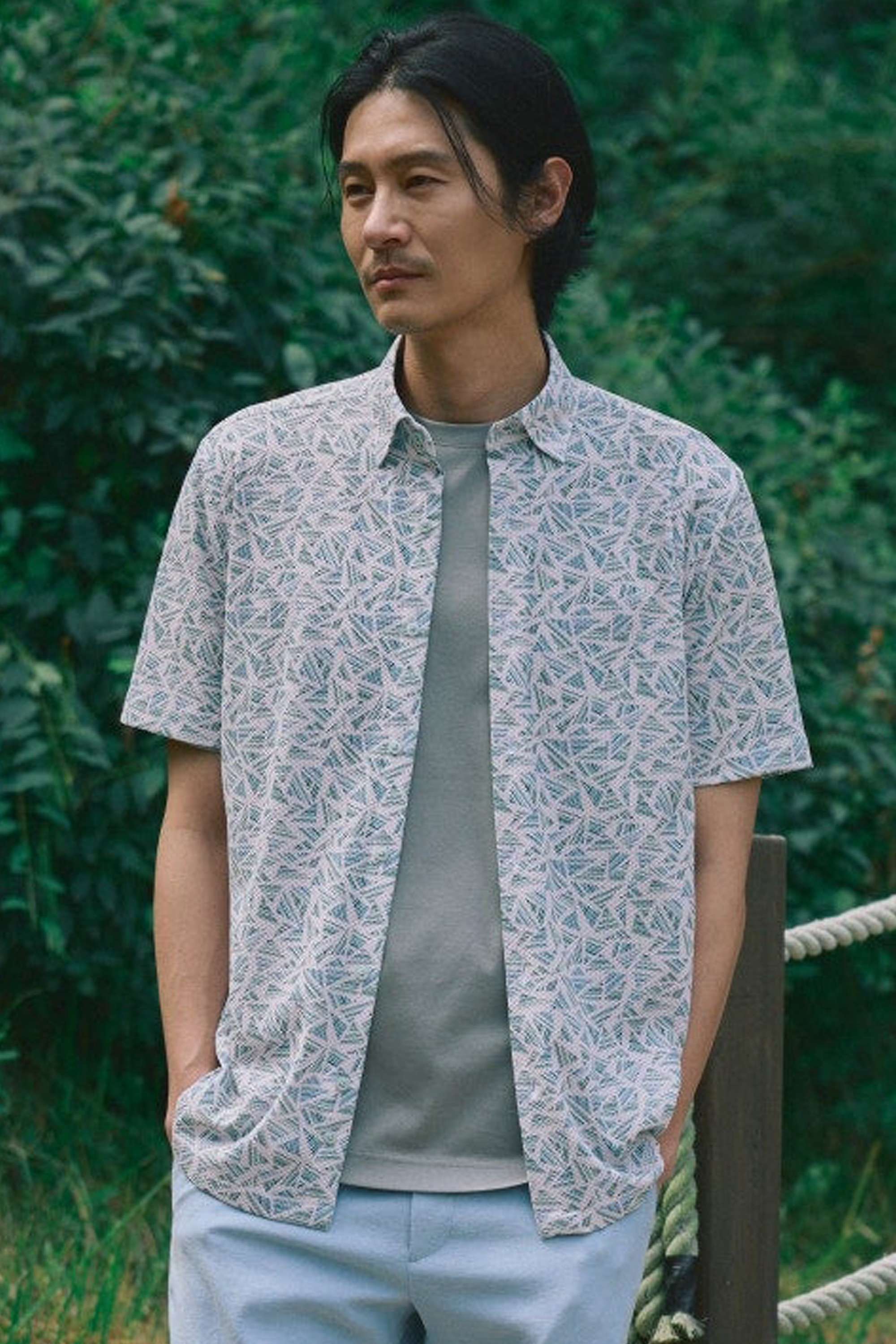 [공식몰] 프린트 폴리스판 와플 저지 셔츠 그린