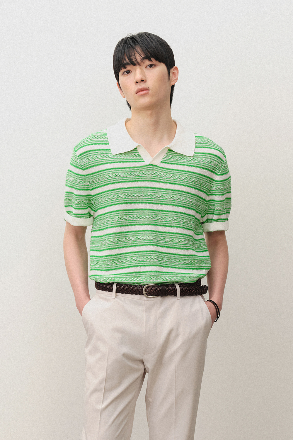 [크리에이터 PICK] 하바나 볼드 스트라이프 카라니트 그린