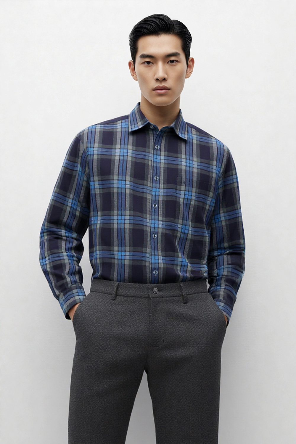[공식몰] 체크 패턴 일반핏 셔츠 블루