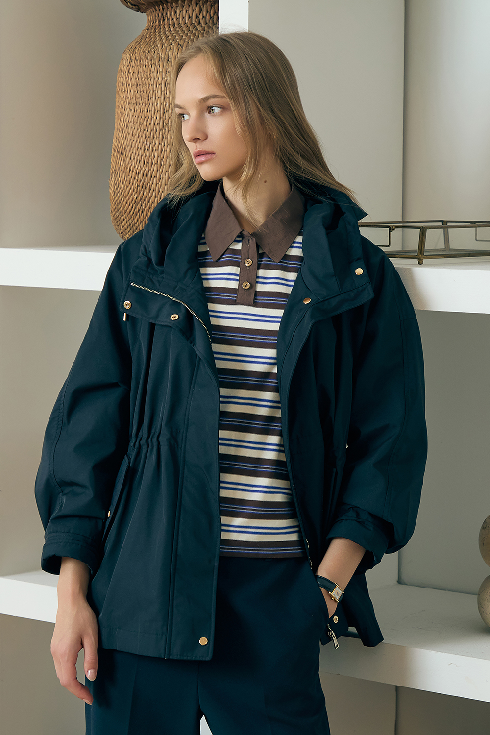 [캐리스노트] 스트라이프 카라 티셔츠 브라운