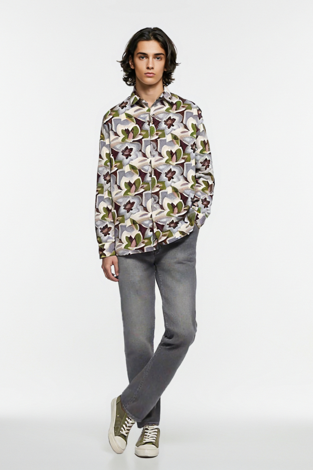 [공식몰] 코튼 블렌드 플라워 패턴 프린트 셔츠 브라운