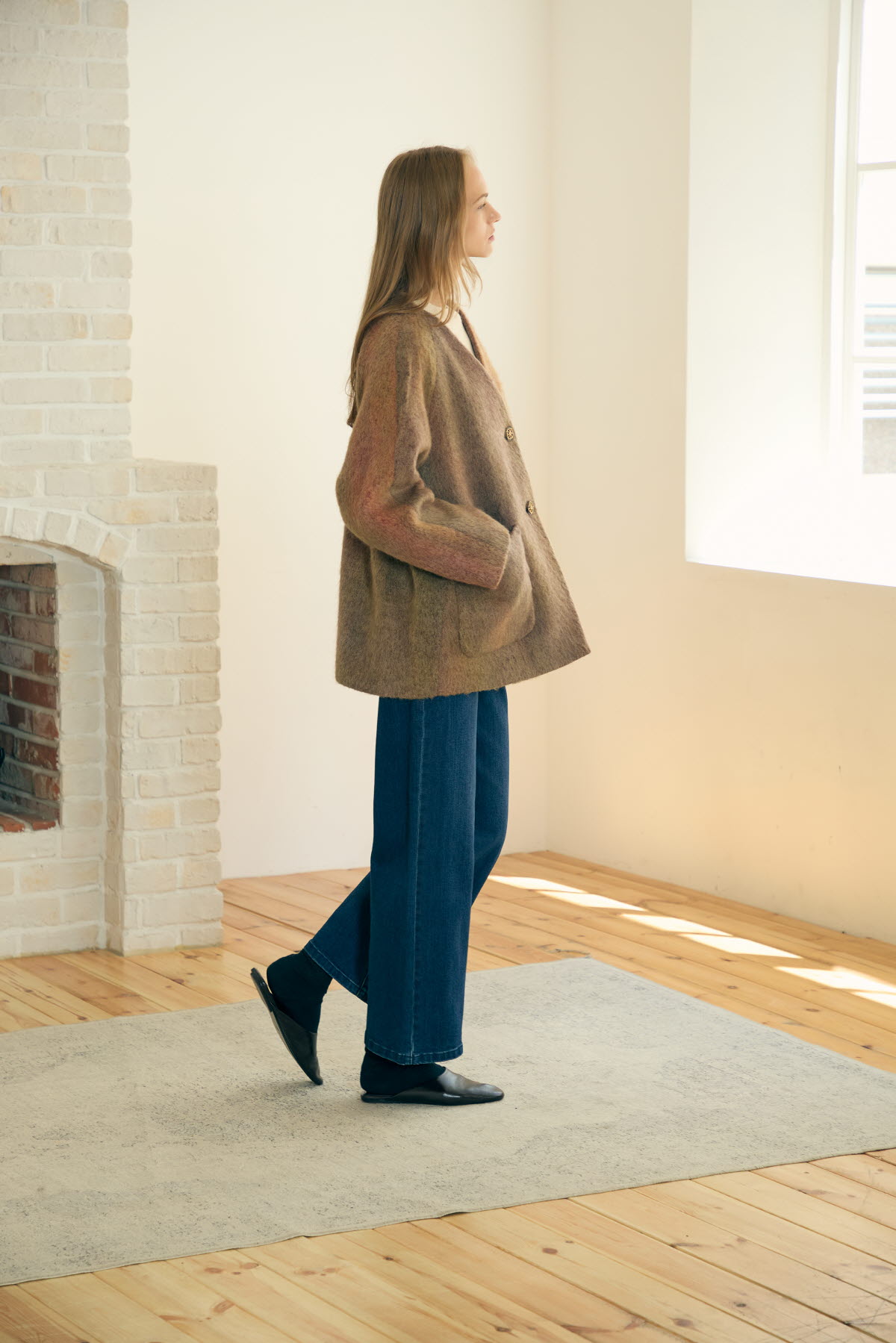 [캐리스노트] 멀티컬러 V넥 노카라 울 코트 브라운