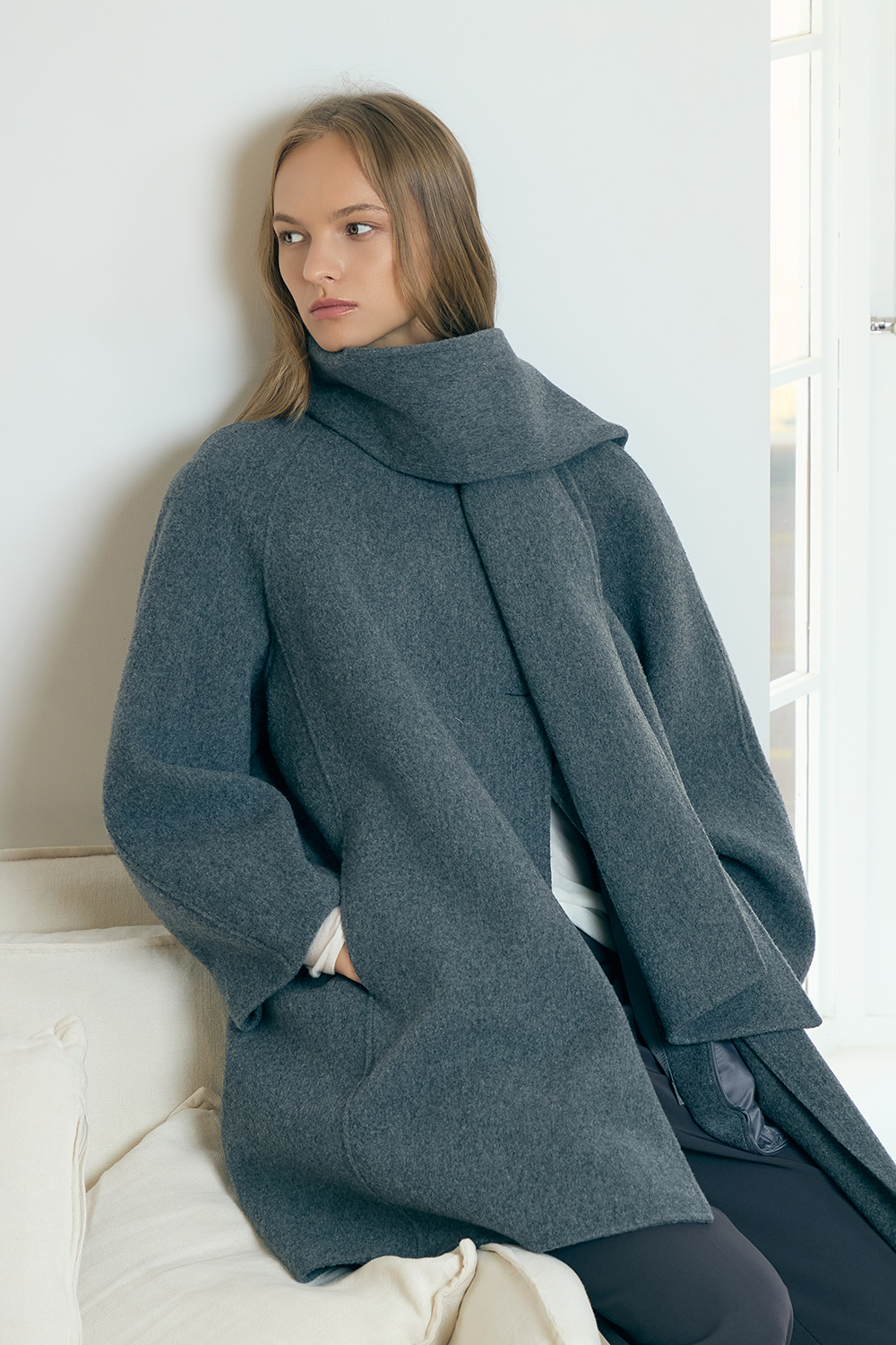 [캐리스노트] 머플러 세트 핸드메이드 코트 멜란지 그레이