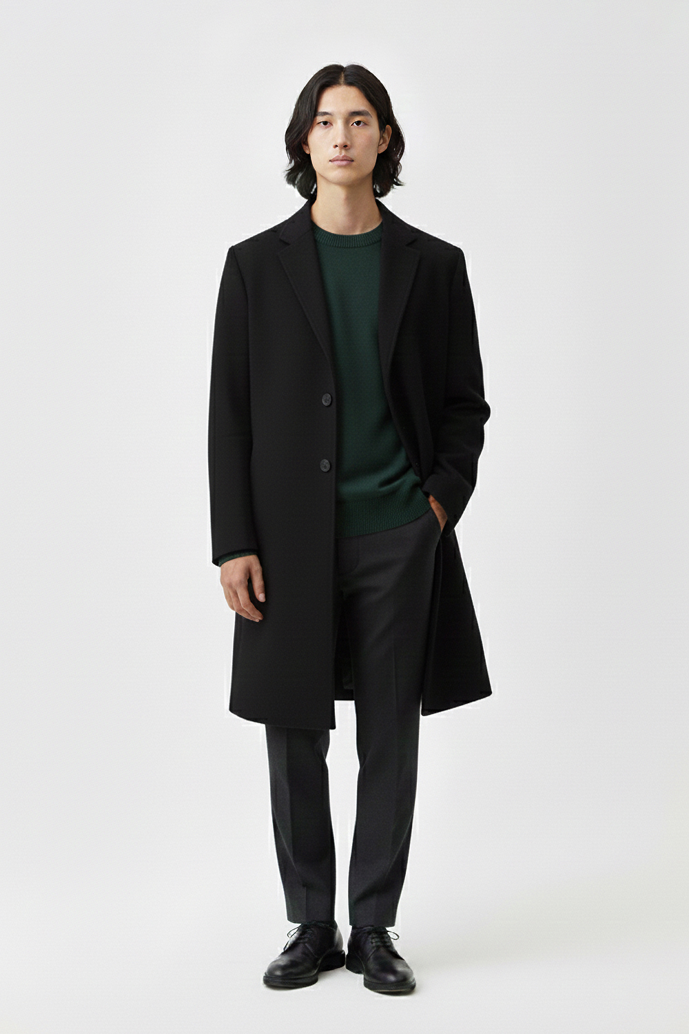 울 100% 세미 오버핏 체스터필드 코트 블랙