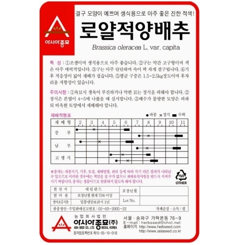 (아시아종묘/양배추종자씨앗) 로얄(100립)