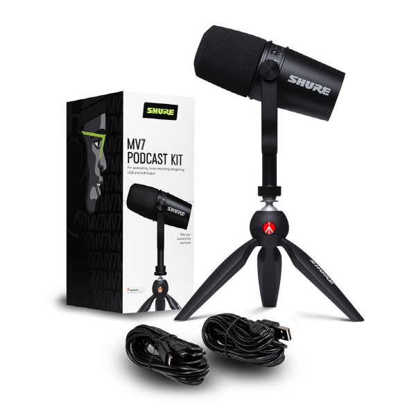 SHURE(슈어) MV7 Podcast Kit / 슈어 팟캐스트 XLR, USB 하이브리드 듀얼 마이크 키트 (삼각 스탠드 포함)