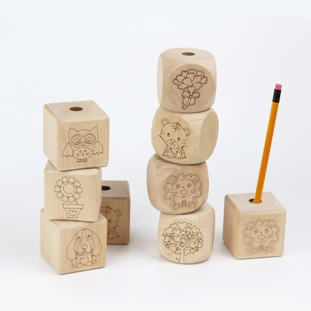 주사위 나무 연필꽂이 연필통 원목 펜꽂이 레이져 각인 캐릭터 1구 2구 디자인 10종/드림아이스토어