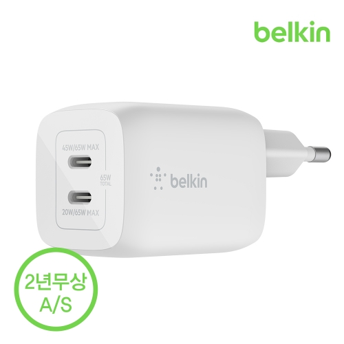 [벨킨공식수입원] 65W 듀얼 USB-C타입 PD 3.0 PPS GaN 고속 충전기 WCH013kr