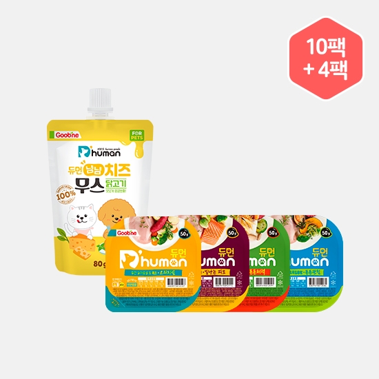 듀먼 강아지간식 체험팩 냠냠치즈무스 닭고기 80g 10팩+자연화식 50g 4종 4팩 세트 [닭가슴살]