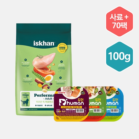 [듀먼X이즈칸] 자연화식 100g 3종 70팩+이즈칸 독 퍼포먼스 어덜트 6.5kg 사료 세트 /강아지사료 /강아지화식