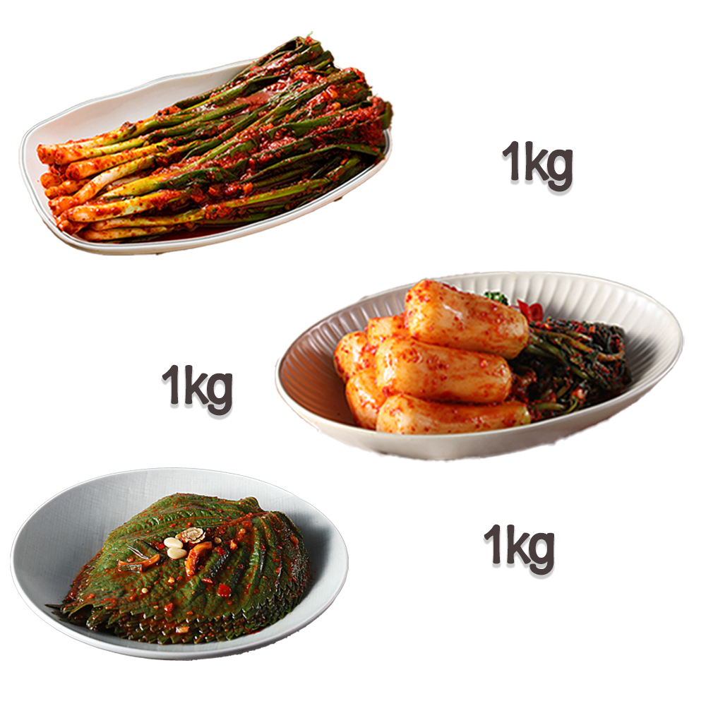 찬우물 신선김치세트 3kg (파김치 1Kg + 총각김치 1kg + 깻잎김치 1kg)