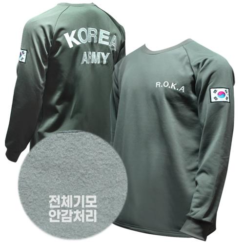 국산 로카 ROKA 자수 기모 발열 맨투맨 카키