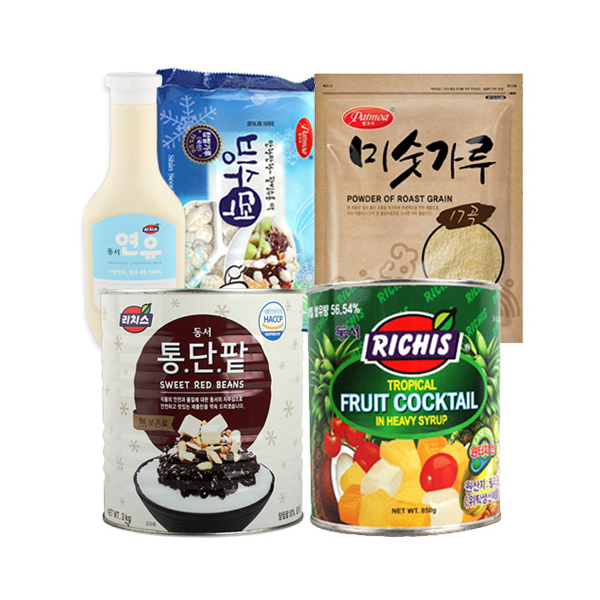 동서 팥빙수 5종 세트 동서팥3kg, 후르츠 칵테일3kg, 리치스연유, 미숫가루,  빙수떡