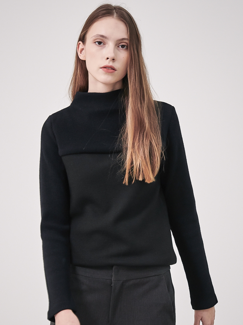 Rib Patched High-Neck Knit_Black